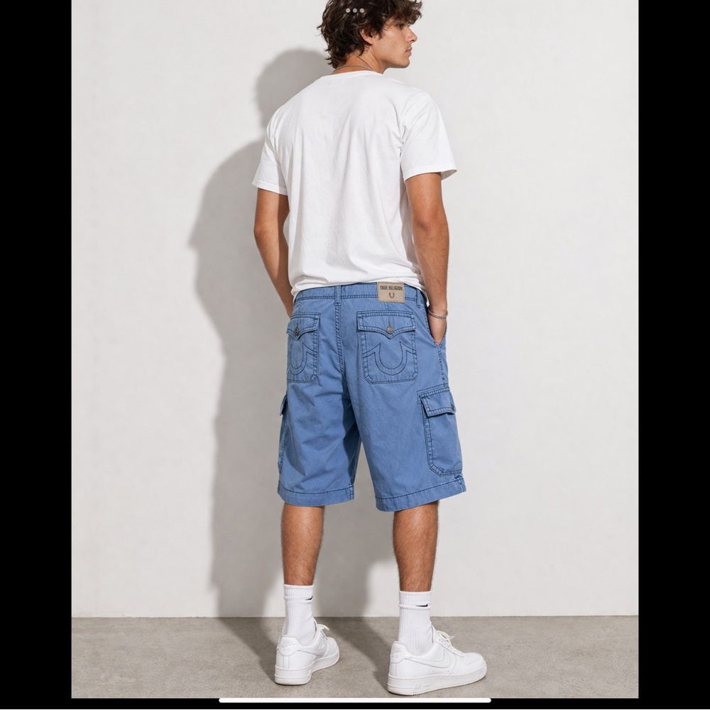 True Religion Big T Cargo Shorts 42 Blue Y2K Streetwear Utility Designer Mens